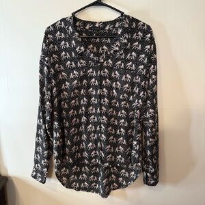 Black Button Down Shirt with Mandarin Collar and Cream Accents